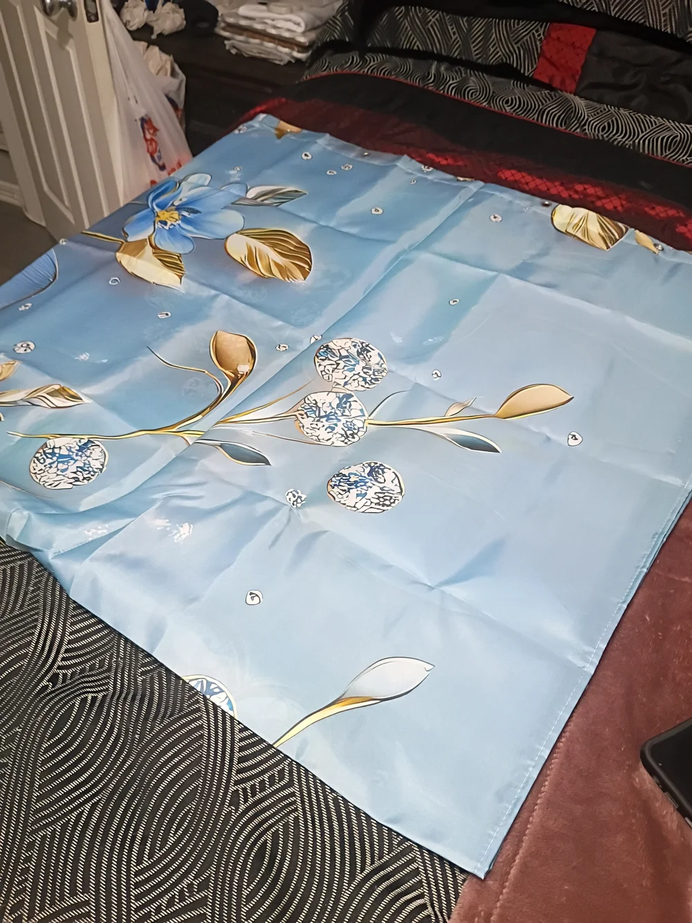 Blue Floral Elegant & Gorgeous 2D Luxury Shower Curtain with Gold Accents